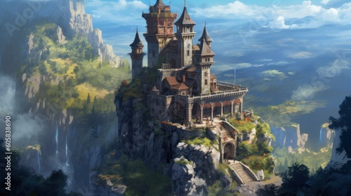 Ancient and towering wizard's tower perched on a craggy cliff. Envision its mysterious interiors filled with arcane books, magical artifacts, and swirling portals, as the resident wizard conducts thei