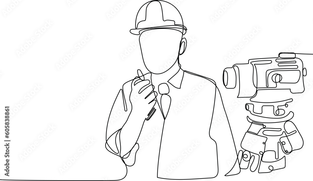 Close up of Caucasian worker with helmet on head using tablet for work while standing in warehouse. Surveyor with a tripod icon. Geodesic tripod. Vector illustration Close up of Caucasian worker with helmet on head using tablet for work while standing in warehouse. Surveyor with a tripod icon. Geodesic tripod. Vector illustration