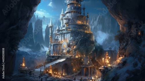 Ancient and towering wizard s tower perched on a craggy cliff. Envision its mysterious interiors filled with arcane books  magical artifacts  and swirling portals  as the resident wizard conducts thei