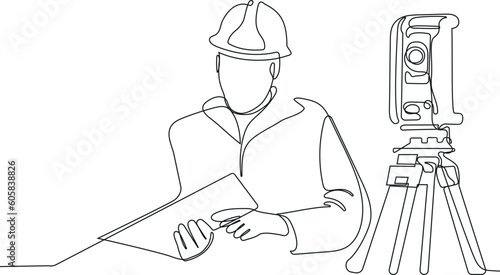 Close up of Caucasian worker with helmet on head using tablet for work while standing in warehouse. Surveyor with a tripod icon. Geodesic tripod. Vector illustration
