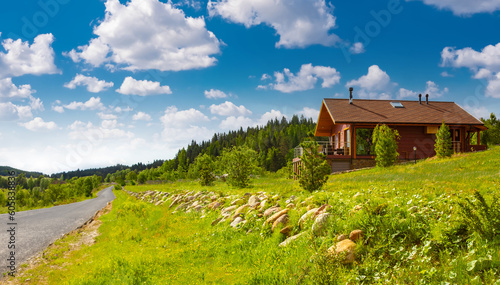 A wooden cottage with a gre...