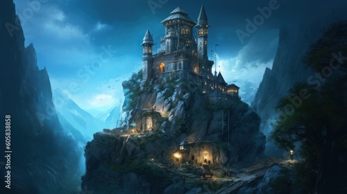 Ancient and towering wizard's tower perched on a craggy cliff. Envision its mysterious interiors filled with arcane books, magical artifacts, and swirling portals, as the resident wizard conducts thei © Damian Sobczyk