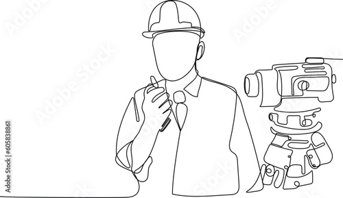 Close up of Caucasian worker with helmet on head using tablet for work while standing in warehouse. Surveyor with a tripod icon. Geodesic tripod. Vector illustration
