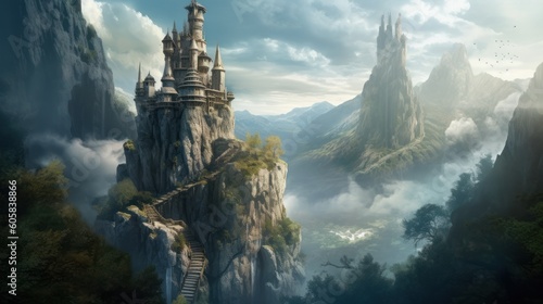 Ancient and towering wizard's tower perched on a craggy cliff. Envision its mysterious interiors filled with arcane books, magical artifacts, and swirling portals, as the resident wizard conducts thei