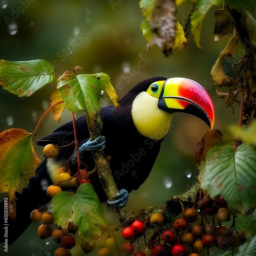Playful Chestnut-mandibled Toucan Exploring Fruit-laden Branch