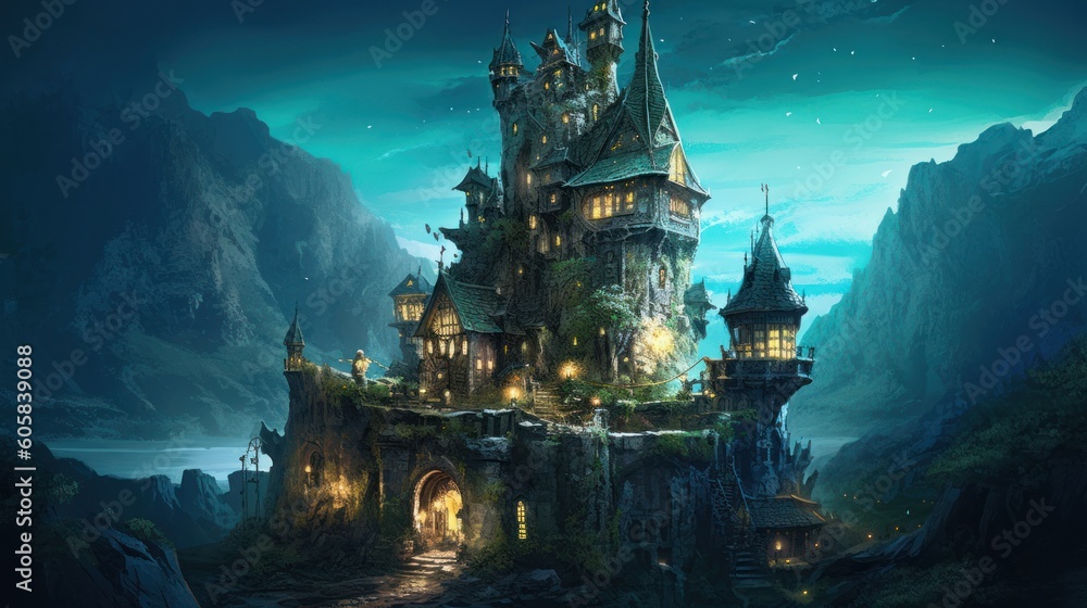 Fototapeta premium Ancient and towering wizard's tower perched on a craggy cliff. Envision its mysterious interiors filled with arcane books, magical artifacts, and swirling portals, as the resident wizard conducts thei