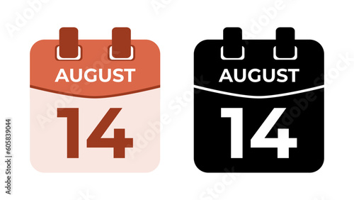 August 14 flat daily spiral calendar icon date in two vector mode, matching color and black fill. Perfect for design material, such as event or reminder. The best editable graphic resources.