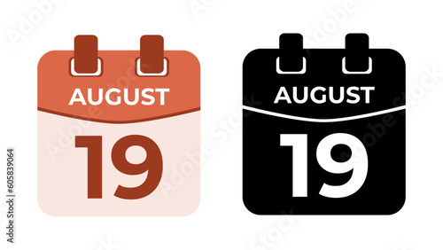 August 19 flat daily spiral calendar icon date in two vector mode, matching color and black fill. Perfect for design material, such as event or reminder. The best editable graphic resources.