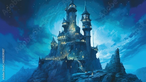 Ancient and towering wizard's tower perched on a craggy cliff. Envision its mysterious interiors filled with arcane books, magical artifacts, and swirling portals, as the resident wizard conducts thei