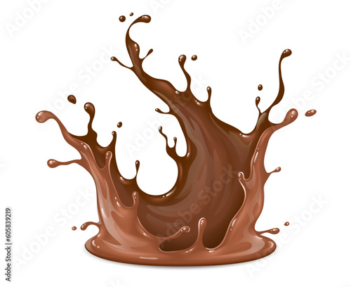 Chocolate fluid splash crown flow with bubbles and drops isolated on white background. Melted hot chocolate drink for sweet choco food packaging design. Realistic. Vector illustration