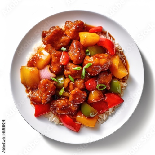 Delicious Plate of Sweet and Sour Pork on a white Background. Generative AI photo