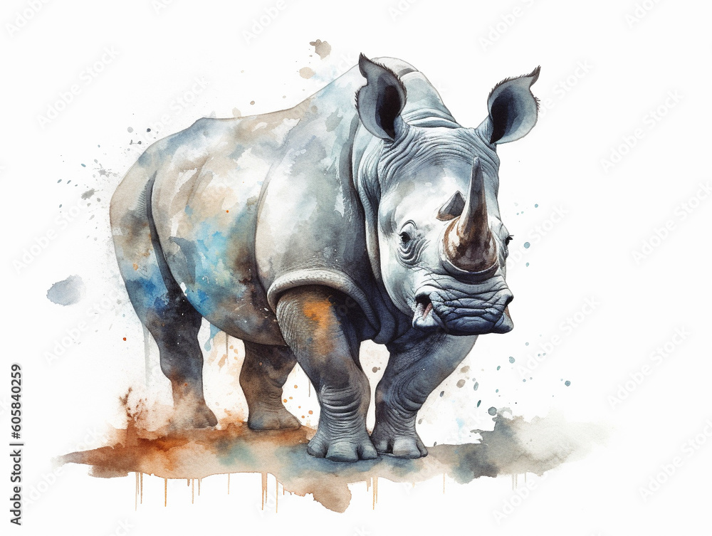 A Minimal Watercolor Painting of a Rhino in Nature with a White Background | Generative AI