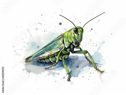 A Minimal Watercolor Painting of a Grasshopper in Nature with a White Background Fototapet