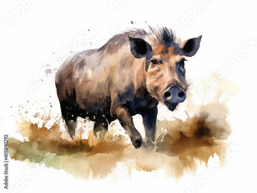 A Minimal Watercolor Painting of a Warthog in Nature with a White Background | Generative AI