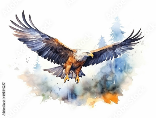 A Minimal Watercolor Painting of an Eagle in Nature with a White Background | Generative AI
