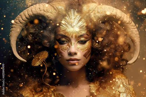 Zodiac sign of Aries as woman, fantasy golden female image, generative AI.