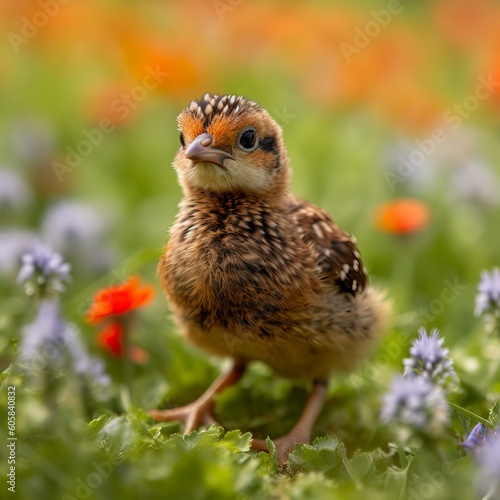 Adorable Reeve's Pheasant Chick Exploring Meadow with Spring Blossoms