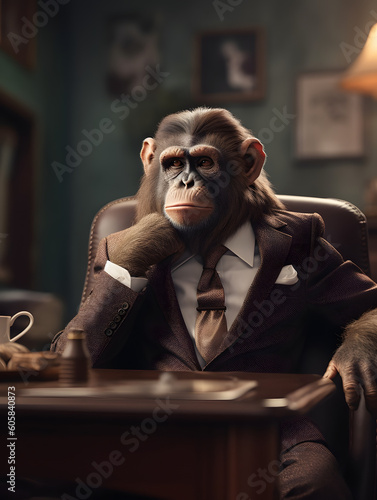Generative Ai: monkey as animal boss wearing suit in the office.