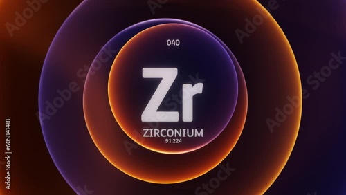 Zirconium as Element 40 of the Periodic Table. Concept animation on abstract blue orange gradient rings seamless loop background. Title design for science content and infographic showcase backdrop. photo