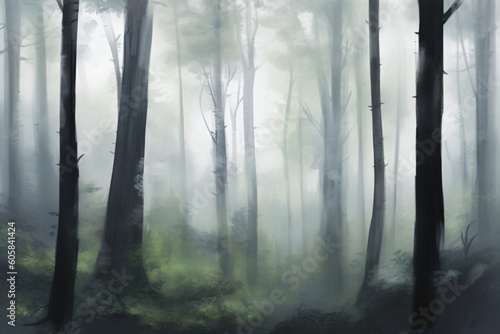 An oil painting of a foggy forest with trees Generative Ai