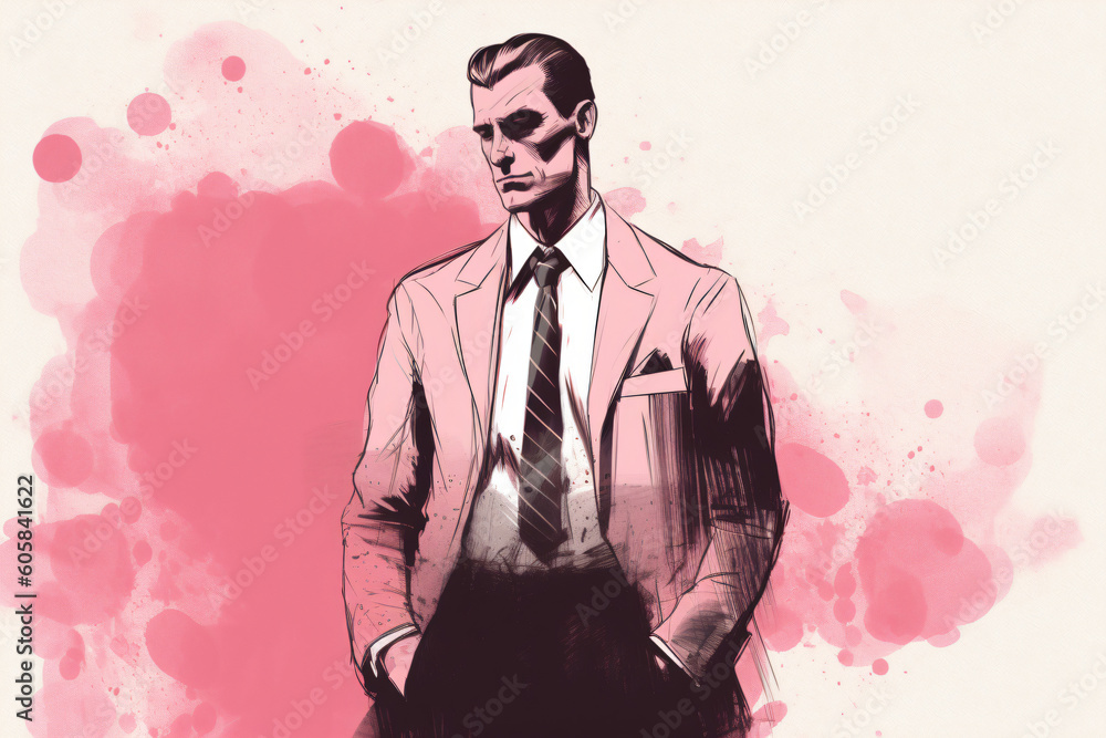 Fototapeta premium A drawing of a man in a pink suit and tie Generative Ai