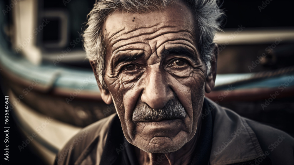 An old man with a mustache and face full of wrinkles looking at the camera Generative Ai