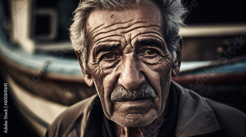An old man with a mustache and face full of wrinkles looking at the camera Generative Ai