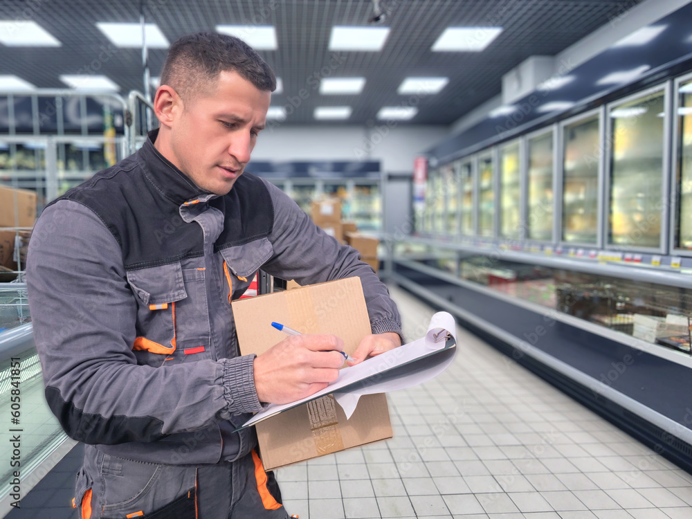 Supermarket worker. Man merchandiser. Grocery store employee. Working with clipboard and box. Supermarket worker fills out order form. Collector goods in supermarket. Man merchandiser in gray uniform - obrazy, fototapety, plakaty 