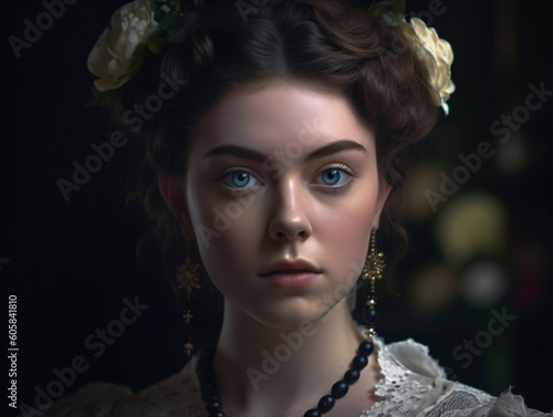 A portrait of a woman with a flower in her hair wearing regency gowns  Generative Ai photo