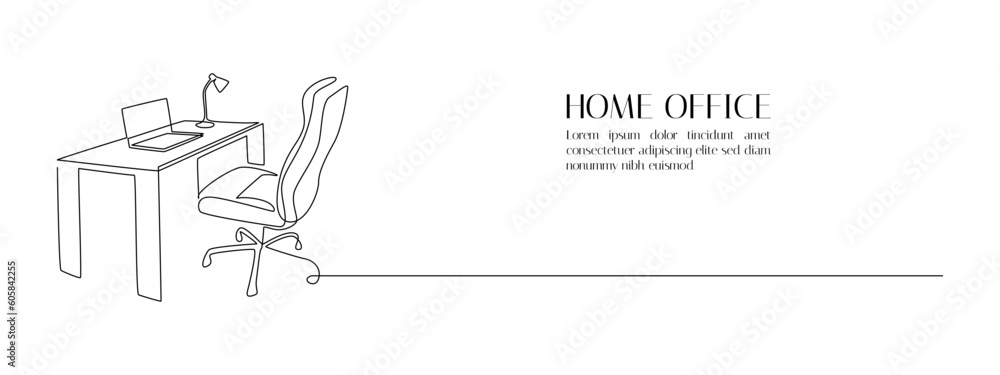 One continuous line drawing of home office interior. Modern work desk and chair with laptop and lamp in simple linear style. Remote distant work concept in editable stroke. Doodle vector illustration One continuous line drawing of home office interior. Modern work desk and chair with laptop and lamp in simple linear style. Remote distant work concept in editable stroke. Doodle vector illustration