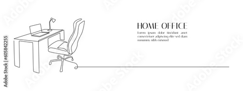 One continuous line drawing of home office interior. Modern work desk and chair with laptop and lamp in simple linear style. Remote distant work concept in editable stroke. Doodle vector illustration