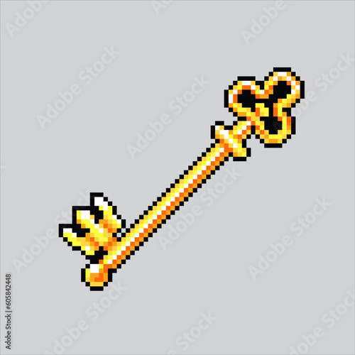 pixel art key. Yellow gold key pixelated design for logo, web,
mobile app, badges and patches. Video game sprite. 8-bit. Isolated vector illustration.