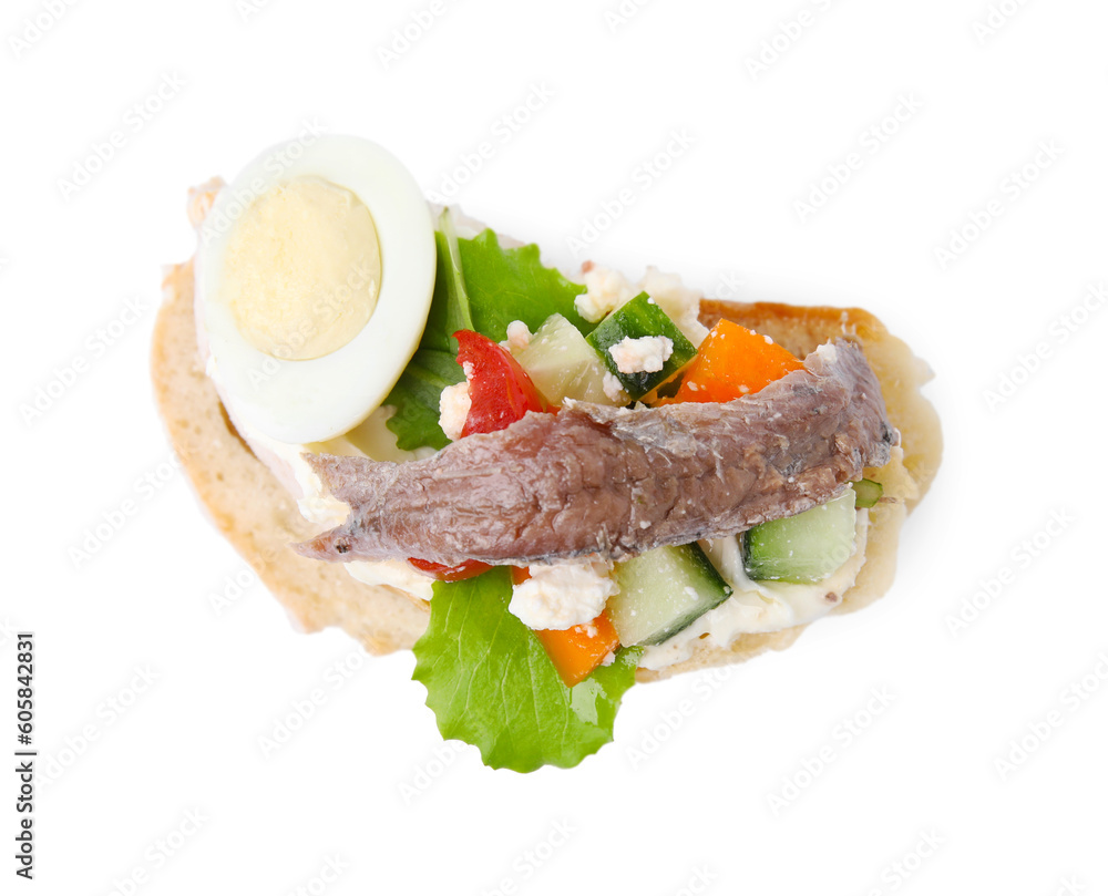 Delicious bruschetta with anchovies, eggs, tomatoes, bell peppers and cucumbers isolated on white, top view Delicious bruschetta with anchovies, eggs, tomatoes, bell peppers and cucumbers isolated on white, top view