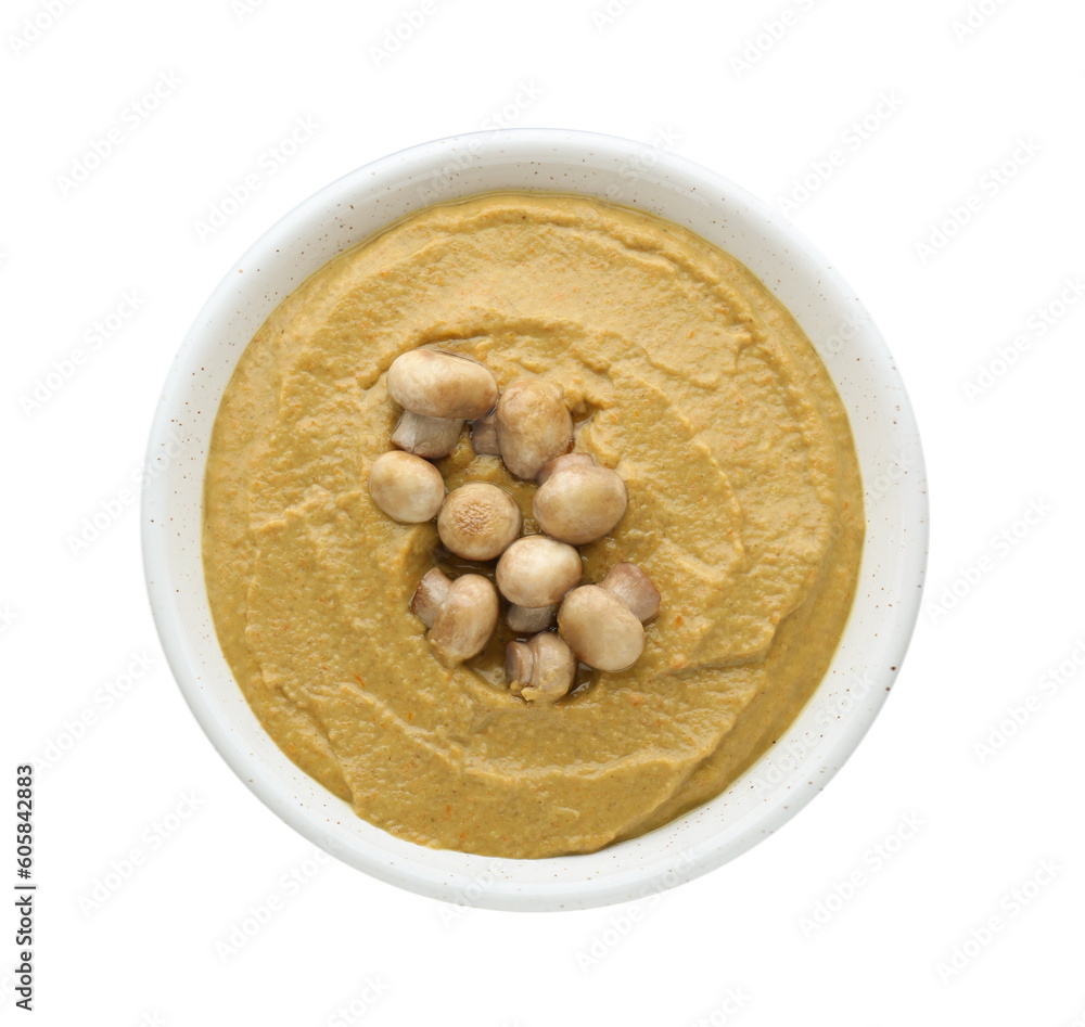 Delicious mushroom cream soup isolated on white, top view Delicious mushroom cream soup isolated on white, top view