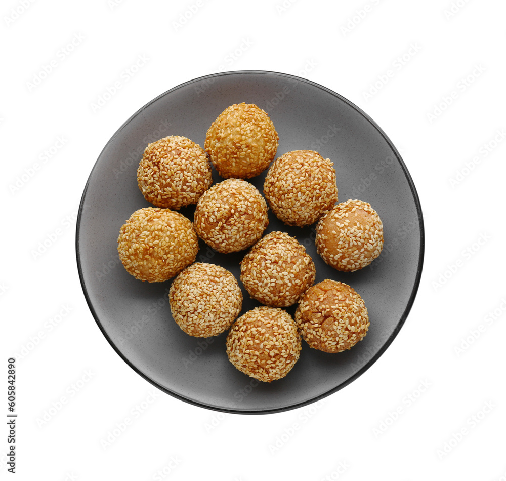 Plate of delicious sesame balls on white background, top view Plate of delicious sesame balls on white background, top view