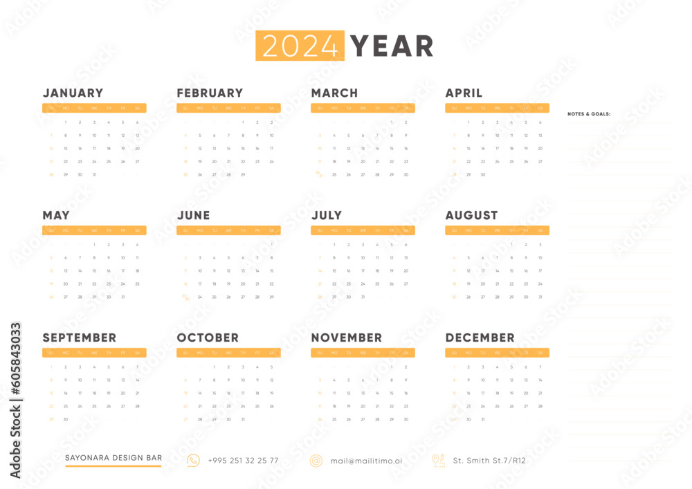 Calendar 2024, Calendar 2024 - Week Starts Sunday. One Page Horizontal 2024 Calendar Planner Template. Place for Notes.