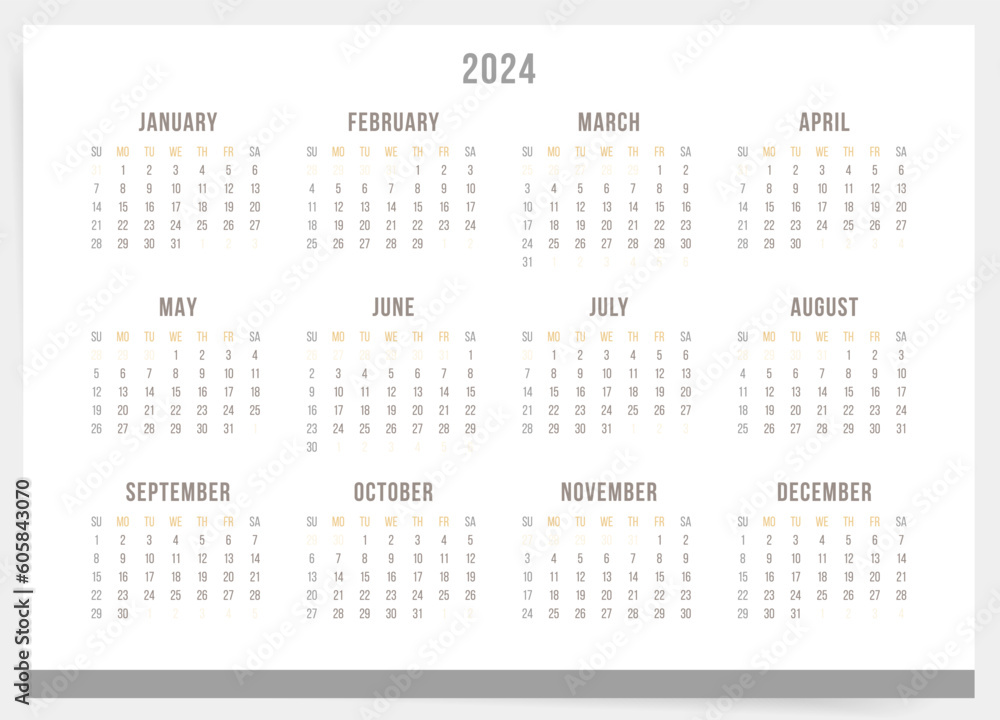 Calendar 2024, Calendar 2024 - Week Starts Sunday. One Page Horizontal 2024 Calendar Planner Template.