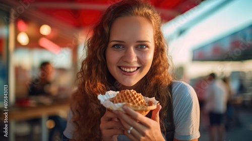 Beautiful young woman eating a Belgian waffle on the street - close-up people photography - made with Generative AI tools