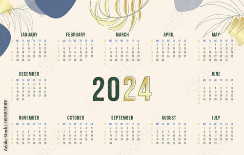 Calendar 2024, Calendar 2024 - Week Starts Sunday. One Page Horizontal 2024 Calendar Planner Template in Premium Abstract Style with Golden natural elements. 