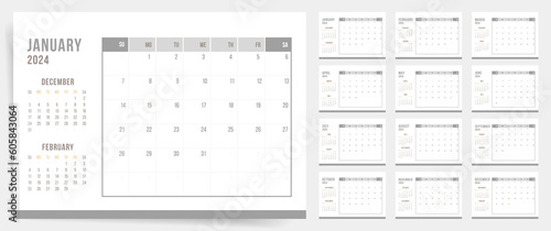 Calendar 2024, Calendar 2024 - Week Starts Sunday. Gray Minimal Classic 2024 Calendar Planner Template.