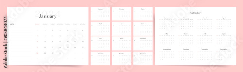 Minimal 2024 calendar design. Week starts on Sunday. Editable clean and elegant calendar page template. Place for notes. Minimalist trendy design for desktop design calendar planner. Set of 12 months.