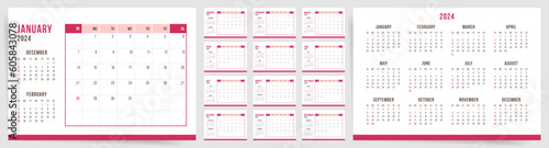 2024 Calendar template design. Week starts on Sunday pink office calendar for businesswoman. Desktop planner in simple clean style. Corporate or business calendar. English vector calendar layout.	