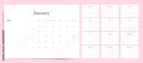 2024 Calendar template design. Week starts on Sunday office calendar. Desktop planner in simple clean style. Modern minimal calendar. English vector calendar layout.	