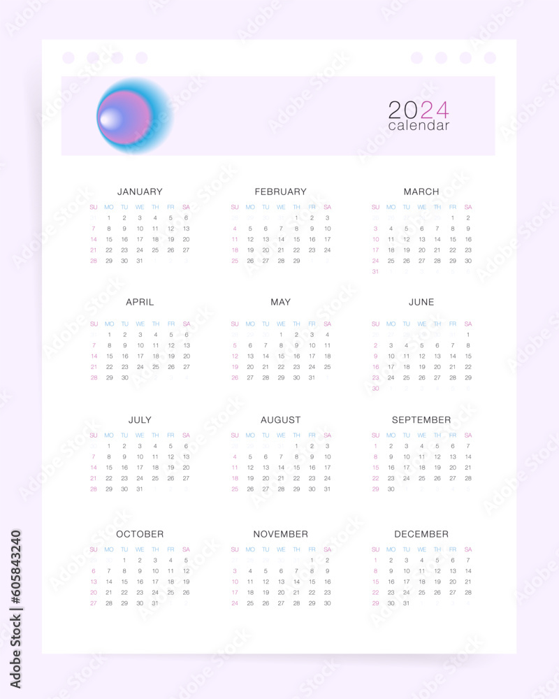 2024 Ope Page Yearly Calendar Design Template. Gradient Aesthetic Decorative Pattern.