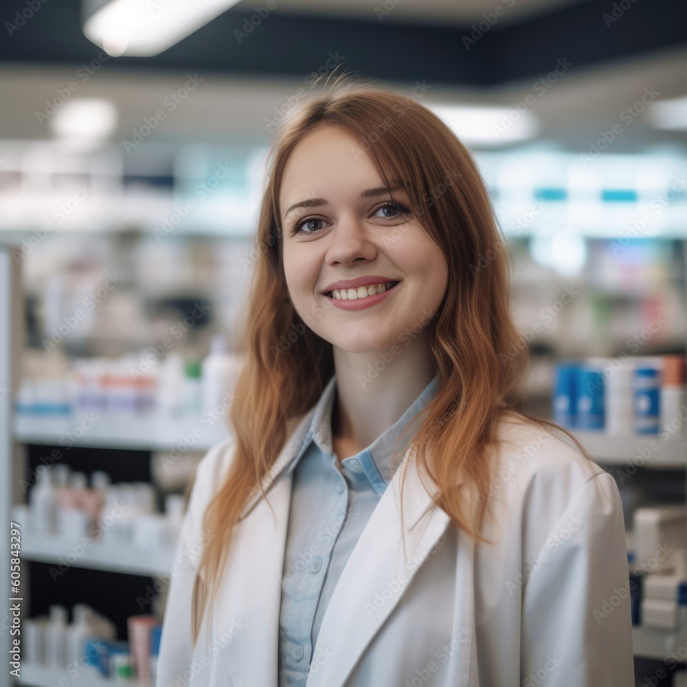 Female pharmacist in a drug store - made with Generative AI tools