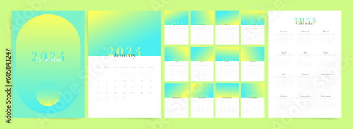 Calendar 2024, Set Wall Calendar Template Design with Gradient Minimal Design. Week Starts on Sunday. Set of 12 Months.
