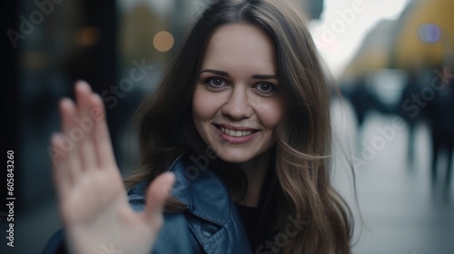 Young pretty woman waves to the camera - made with Generative AI tools