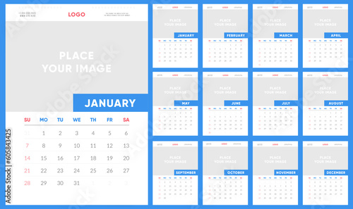 Calendar 2024, Set Wall Calendar Template Design with Place for Photo. Week Starts on Sunday. Set of 12 Months. 