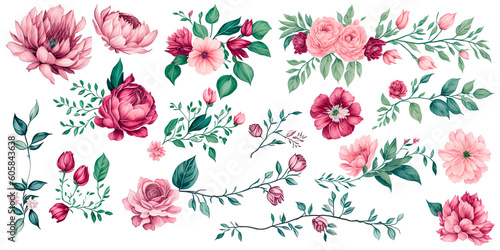 Set of green leaves with roses on a transparent background. AI generator.