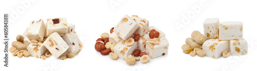 Piles of delicious nougat with nuts on white background, collage design